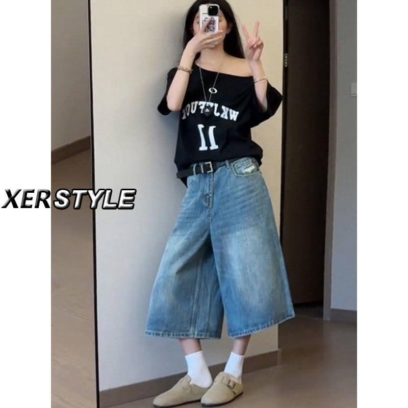 145小个子蓝色后口袋磨破直筒牛仔短裤女夏季破洞宽松七分中裤子