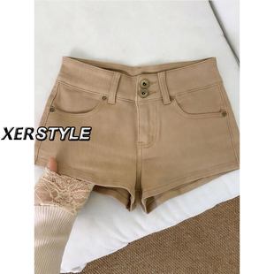 辣妹包臀显瘦a字热裤 145小个子卡其色牛仔短裤 高腰美式 夏季 女新款