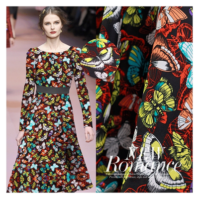 七彩之韵双绉黑色蝴蝶印花布料