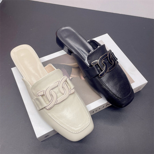 外穿方头粗跟复古金属扣凉拖女单鞋 撤柜处理2023夏时尚 包头半拖鞋