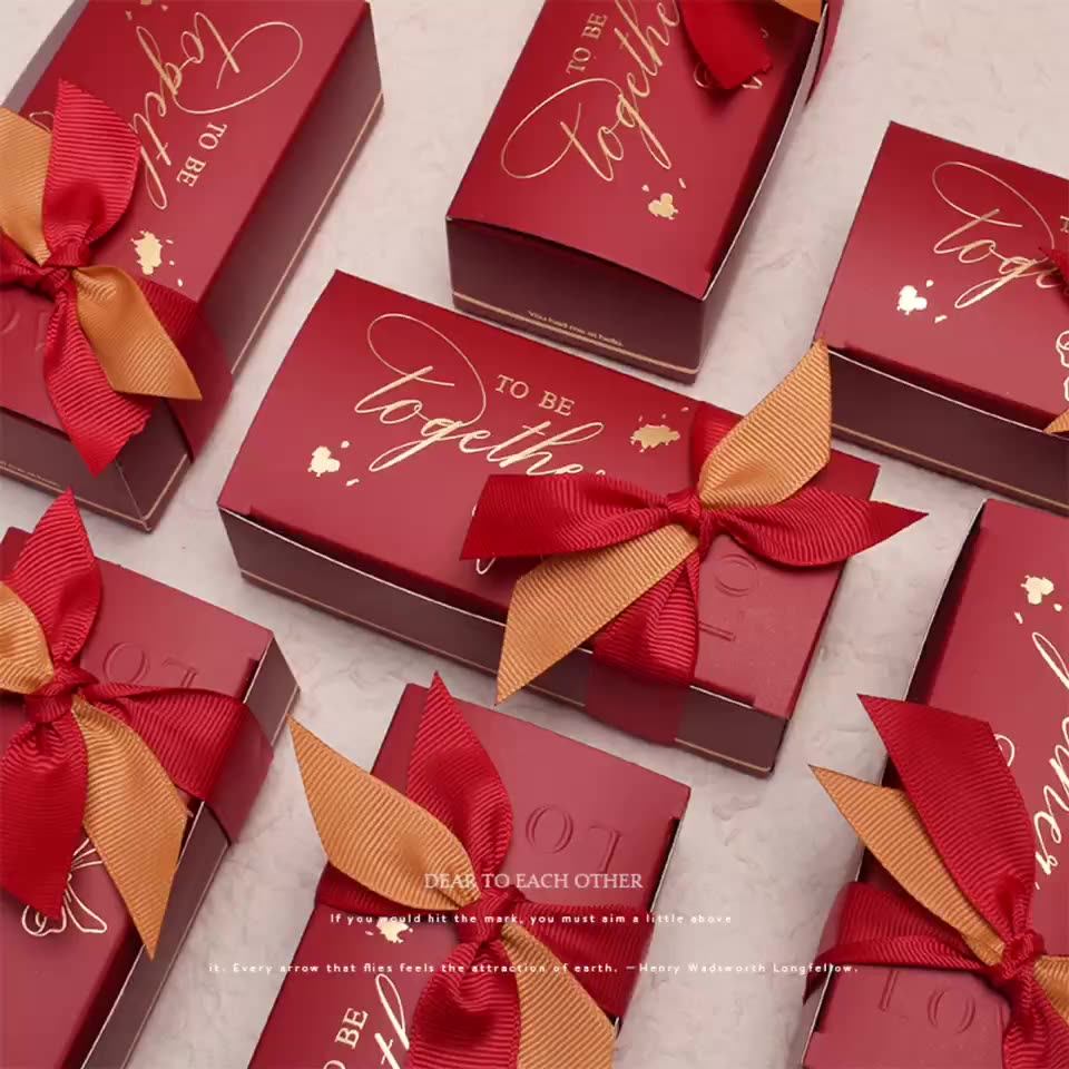 创意高档婚庆蝴蝶结欧式丝带喜糖长方形糖果喜糖盒婚礼ins纯色盒