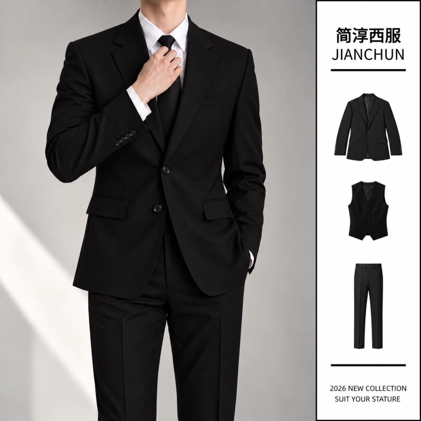 新款黑色商务男西服套装上衣高级男士西装新郎结婚礼服大学生外套