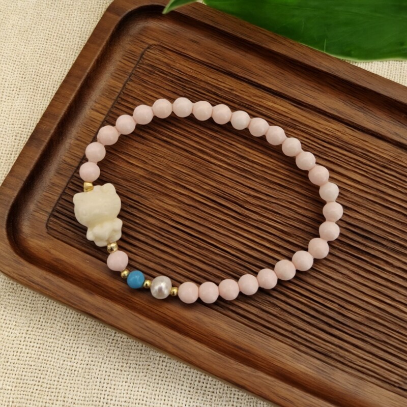 天然粉贝搭配淡水珍珠绿松石kt猫串珠手链女新中式精致百搭手串