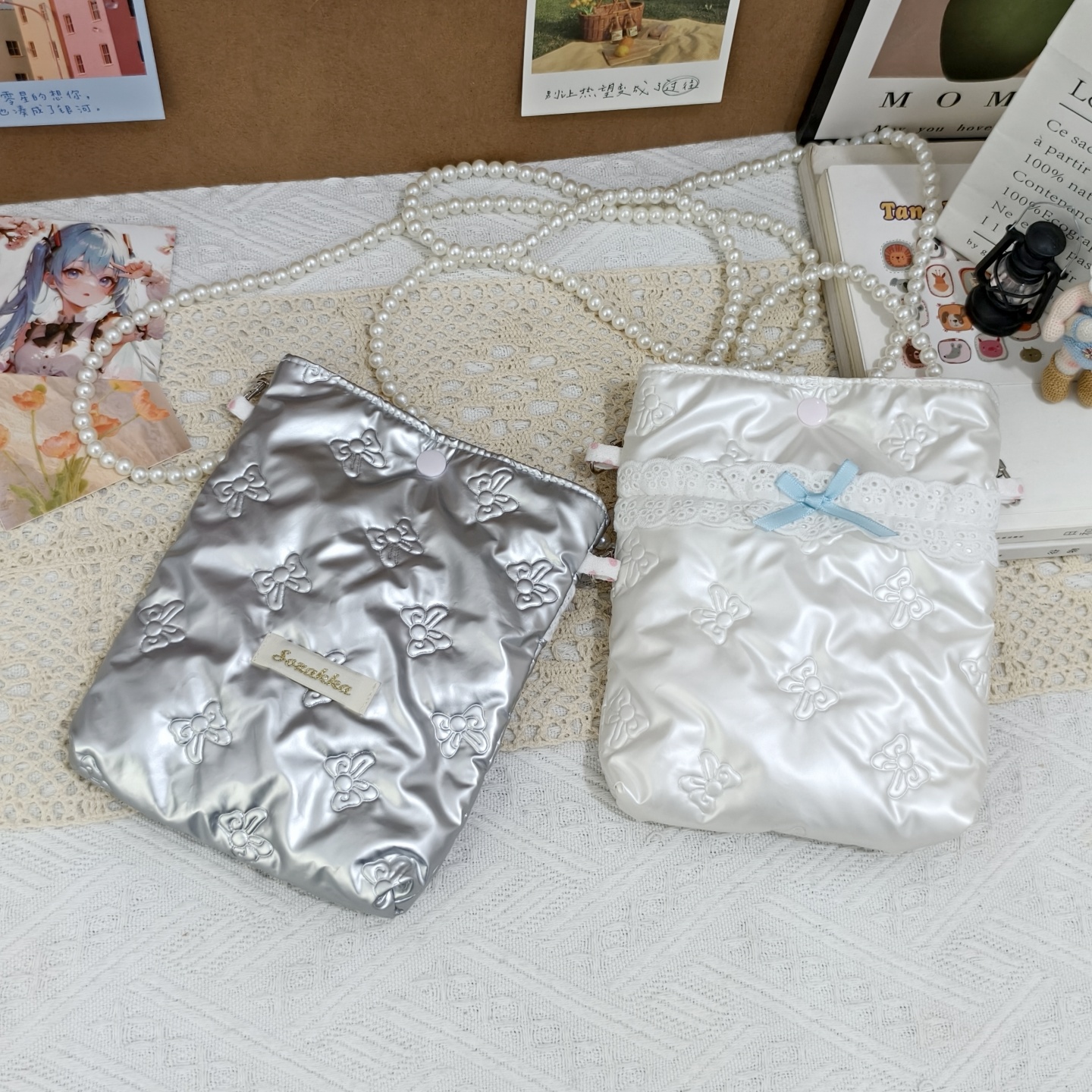 时尚潮流正反两用手机包女蝴蝶结珍珠链单肩斜挎包随身ccd相机包