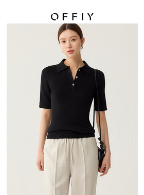 OFFIY-e*bure同款 版型惊艳 克莱因蓝针织显脸小POLO领短袖上衣