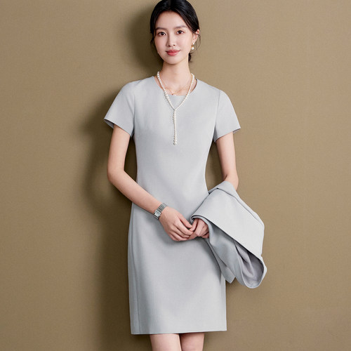 OFFIY-高级感灰色TH经典气质简约职业修身短袖连衣裙春夏2025新款