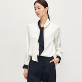 衬衫 OFFIY纸片人瘦背 高密度仿真丝垂坠海军风V领撞色飘带长袖