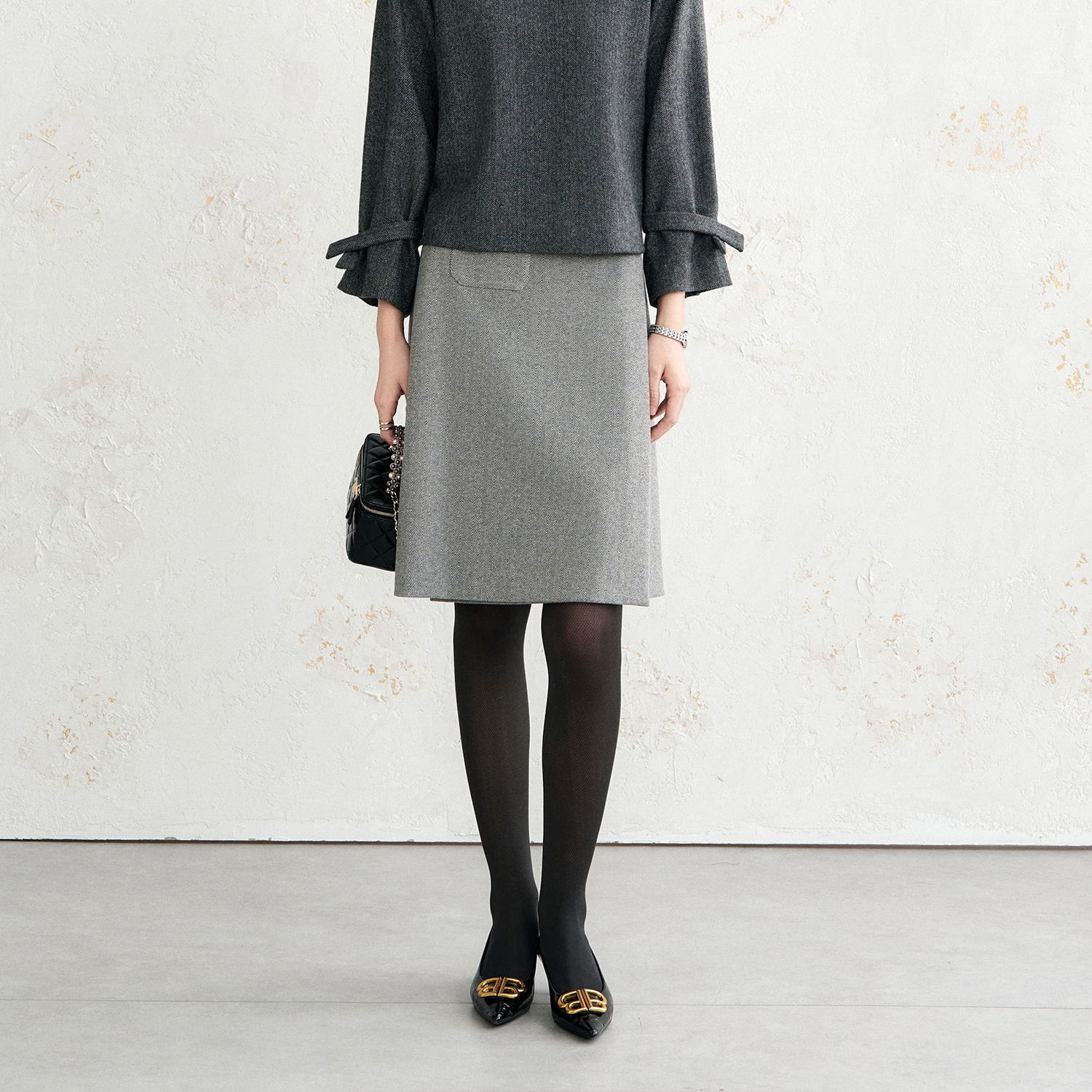 OFFIY羊毛灰色叠片半裙秋冬新品