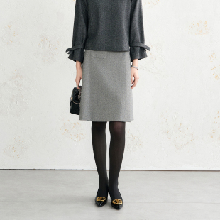 OFFIY 灰色羊毛亮丝人字纹叠片显瘦小个秋冬半裙25新 矜贵高级感
