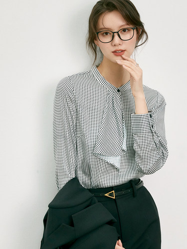 OFFIY通勤黑白印花长袖飘带衬衫