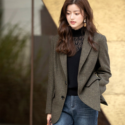 男朋友风复古绿西装外套秋冬