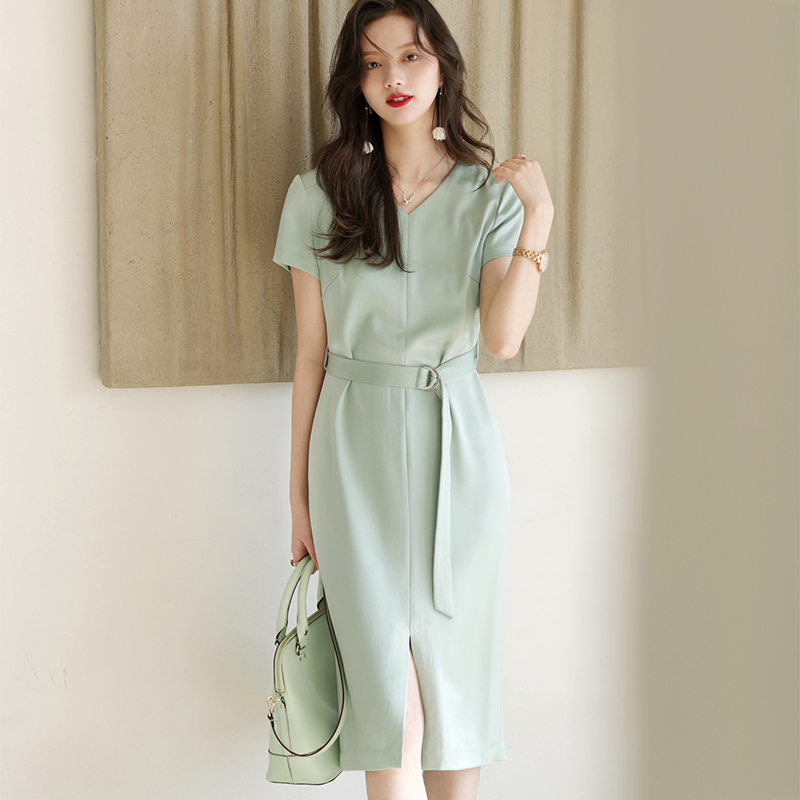 通勤直筒醋酸系带连衣裙