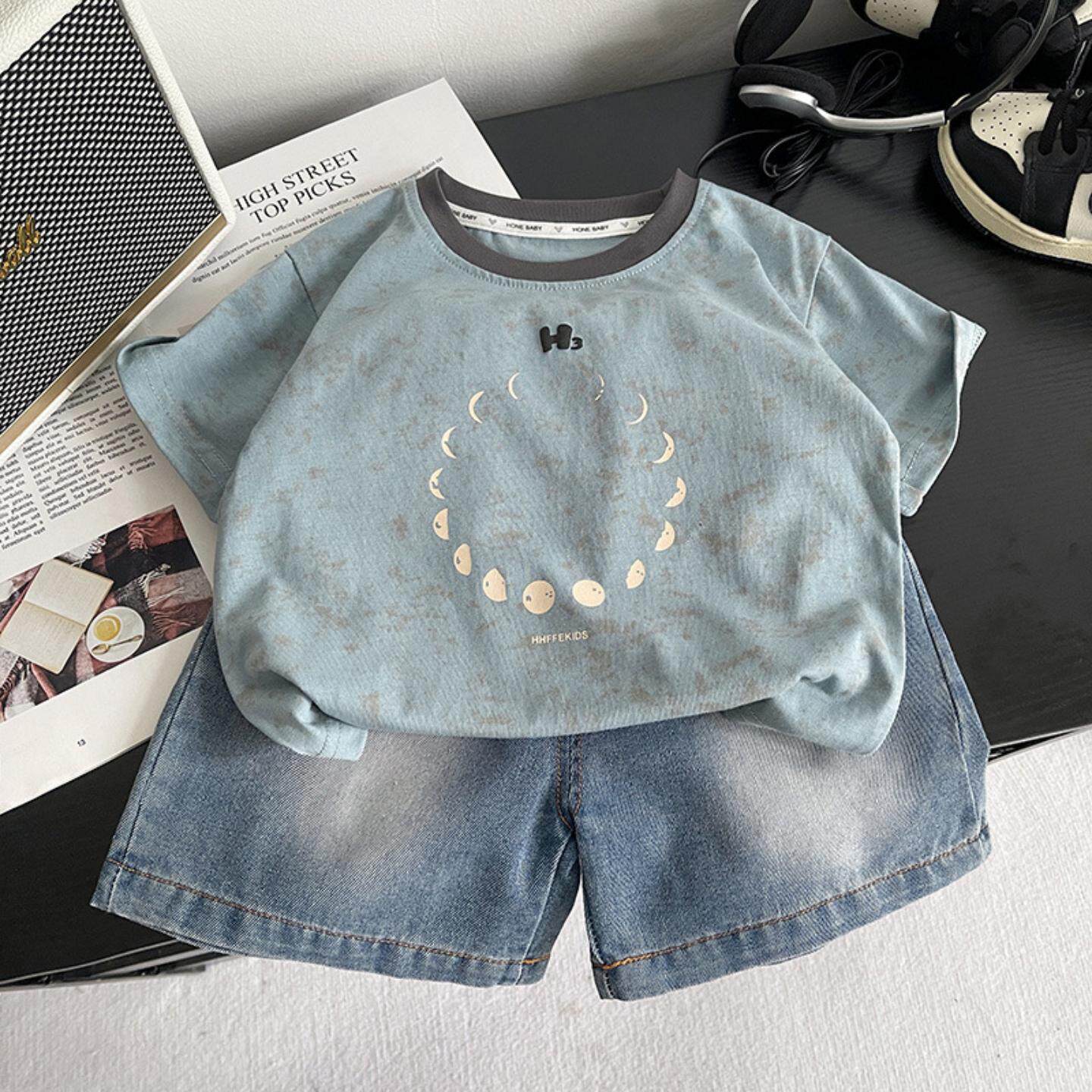 男童夏季新款短袖套装泼墨印花圆领T恤儿童水洗百搭牛仔短裤