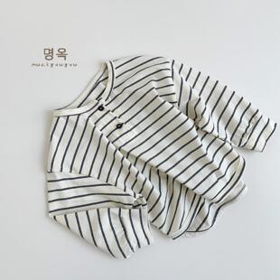 简约百搭条纹T恤2026秋季新款男童日系上衣女童宝宝韩版长袖T恤潮