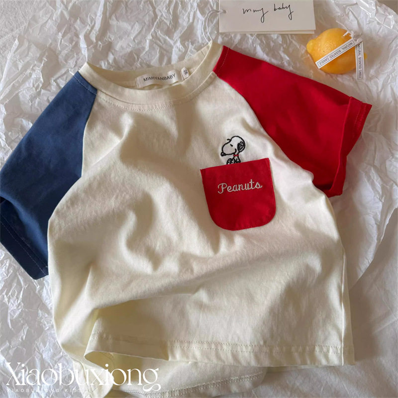 儿童T恤短袖男2026夏季新款小童口袋卡通T全棉宝宝拼色上衣女薄款