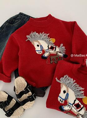 麦宝男童红色毛衣2025冬季儿童立体小马套头针织衫湖州织里童装潮