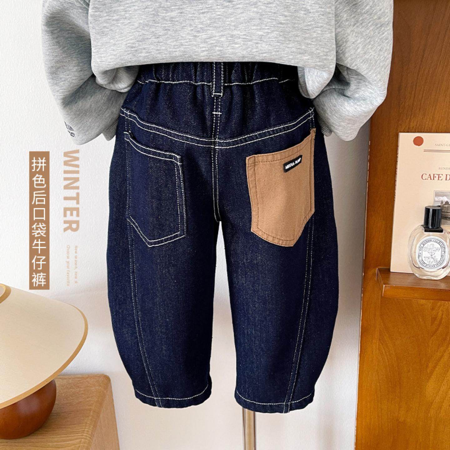 风之谷2025冬季新款童裤儿童百搭加绒牛仔裤男童帅气明线贴标长裤