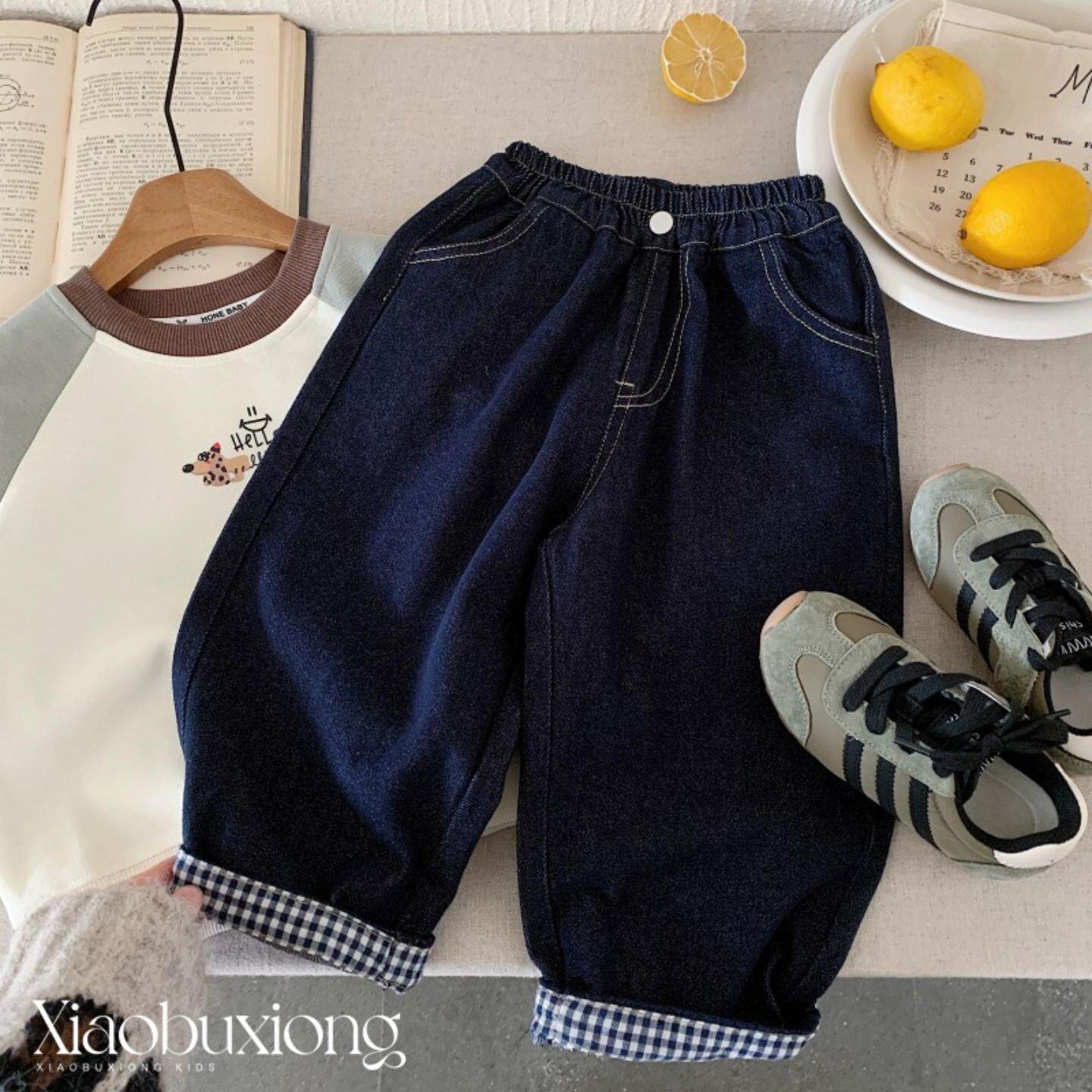 格子边儿童卷边春秋装牛仔裤男童直筒裤子宝宝女童中小童休闲裤潮