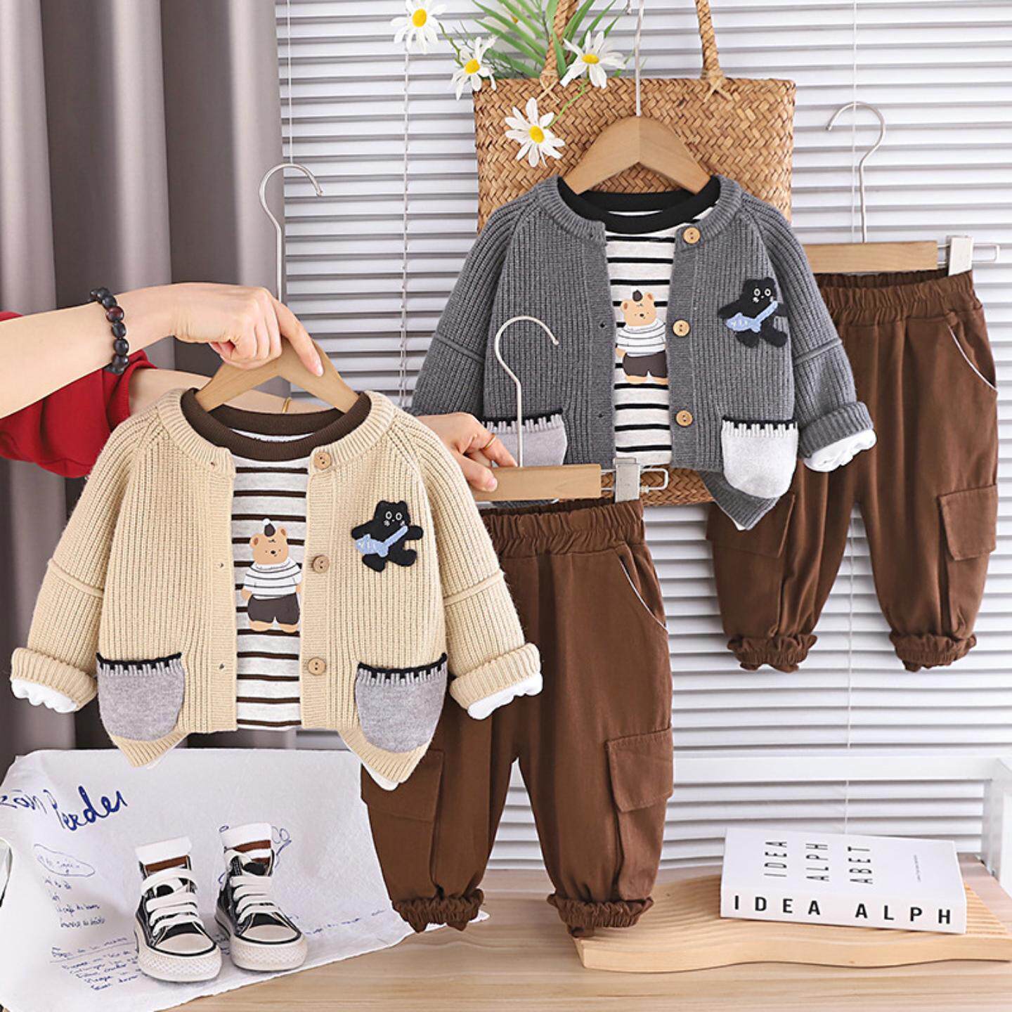 男宝宝春装套装1一3岁小童衣服洋气儿童春秋款双口袋猫咪三件套潮