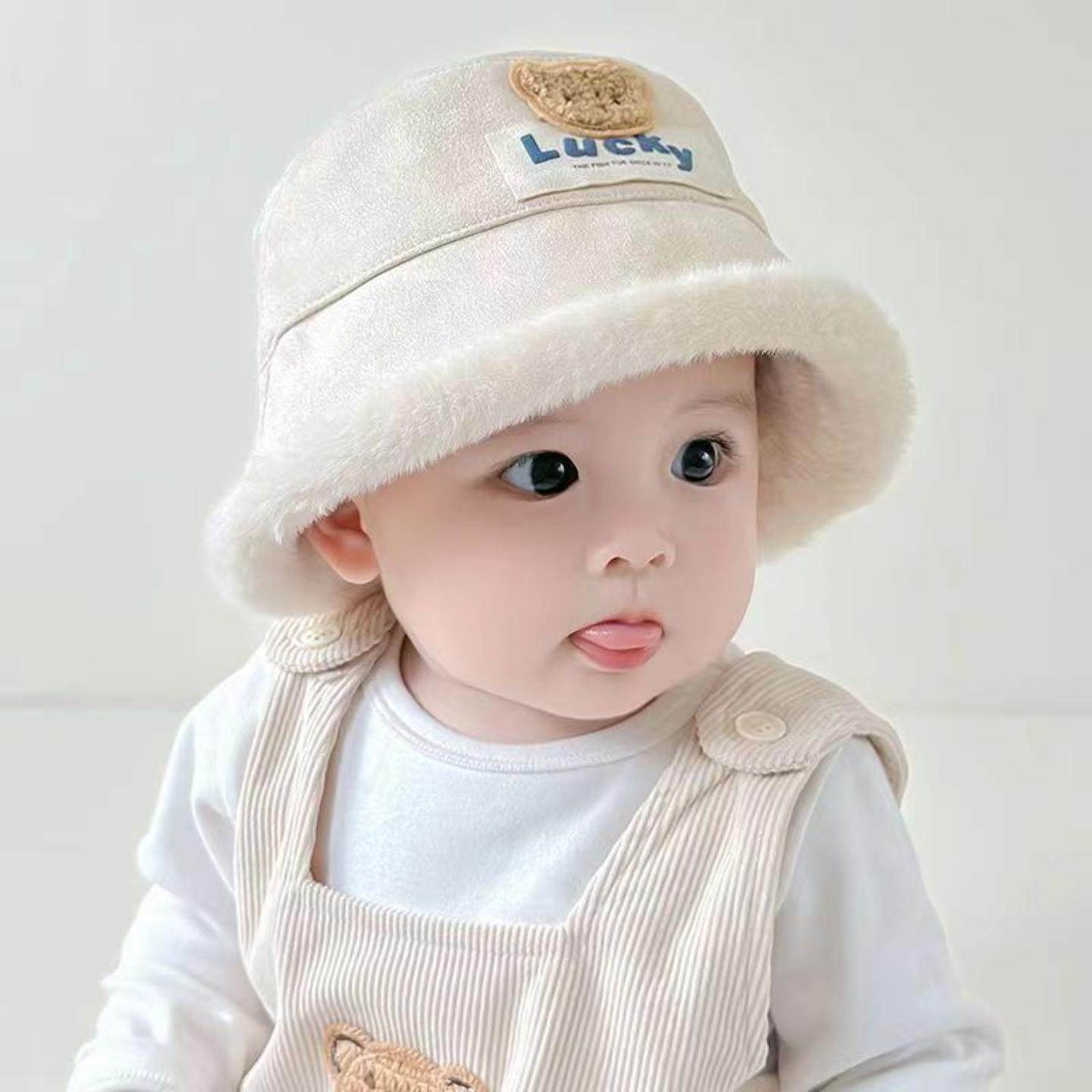 婴儿帽子冬季洋气宝宝渔夫帽加绒保暖防风盆帽外出时尚儿童毛绒帽