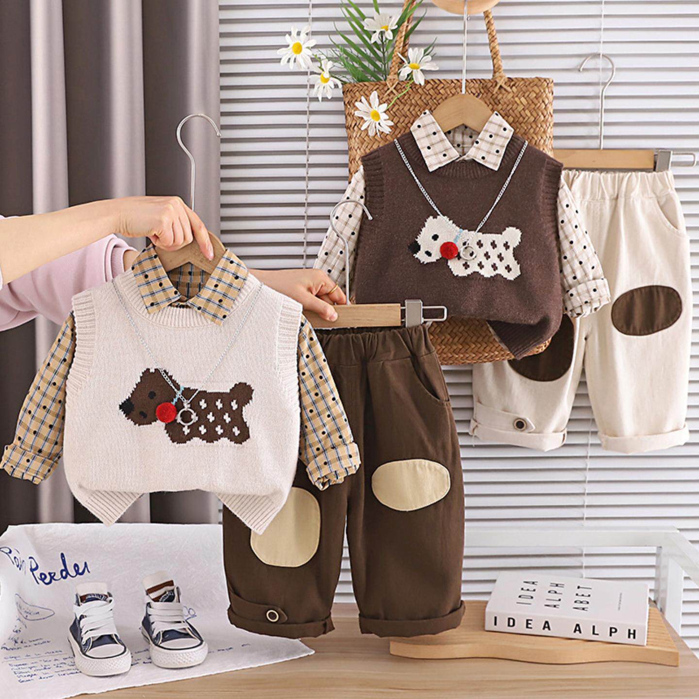 男童春装套装2026新款洋气儿童春秋季卡通小狗毛衣马甲宝宝三件套