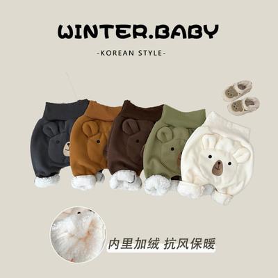 韩版儿童卡通小熊加绒加厚裤子冬装男女宝宝高腰护肚保暖大PP裤冬