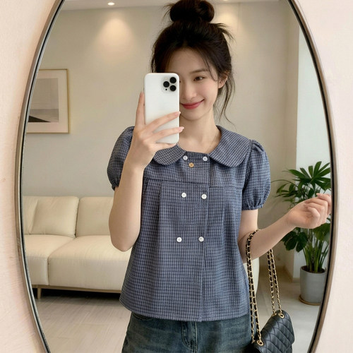韩系复古格子娃娃领短袖衬衫女装夏季高级感轻奢时尚百搭短款小衫
