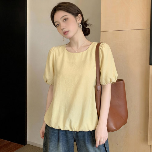 大码2026夏季女新款微胖韩系圆领泡泡袖百搭宽松套头短袖衬衫上衣