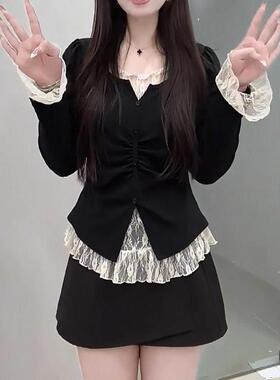 大码胖mm纯欲蕾丝拼接假两件长袖T恤女秋季遮肉显瘦洋气减龄上衣