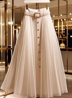 2025夏季新款复古通勤时尚高级感半身裙女小众网纱拼接裙子中长裙