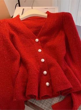 秋冬季女新款法式气质收腰洋气针织开衫小香风外套红色毛衣外套女