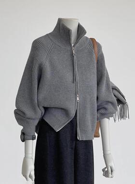 双拉链灰色高领针织开衫女秋冬季新款宽松慵懒风毛衣外套加厚上衣