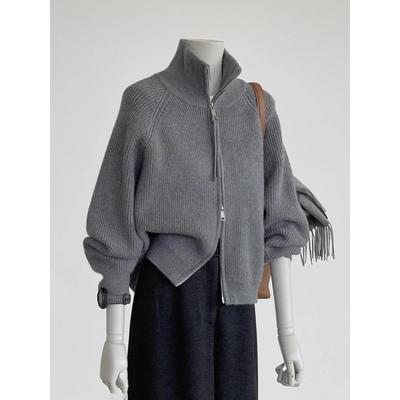 双拉链灰色高领针织开衫女