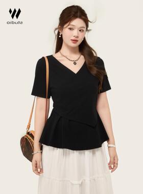 大码胖mm荷叶边遮肚子短袖T恤女夏2025新款显瘦V领打底衫早秋上衣