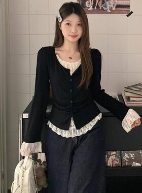 大码胖MM黑色假两件U领蕾丝拼接长袖T恤女2025新款秋季打底衫上衣