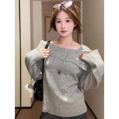 大码胖M灰色一字肩长袖毛