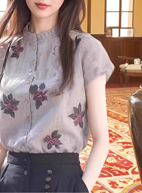 2025夏季新款洋气小衫碎花立领短袖小个子上衣显瘦气质印花衬衫女