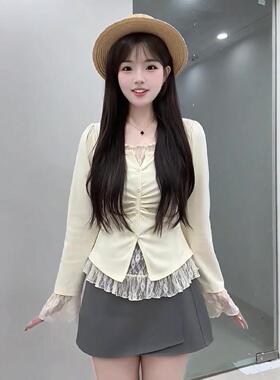 大码胖mm纯欲蕾丝拼接假两件长袖T恤女秋季遮肉显瘦洋气减龄上衣