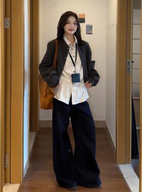 大码胖mm早秋季蓝色条纹衬衫女装2025新款设计感收腰遮肉显瘦衬衣