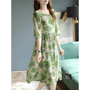 薄款 新款 圓領(lǐng)短袖 印花百褶中長裙2023夏季 寬松高級感減齡連衣裙女
