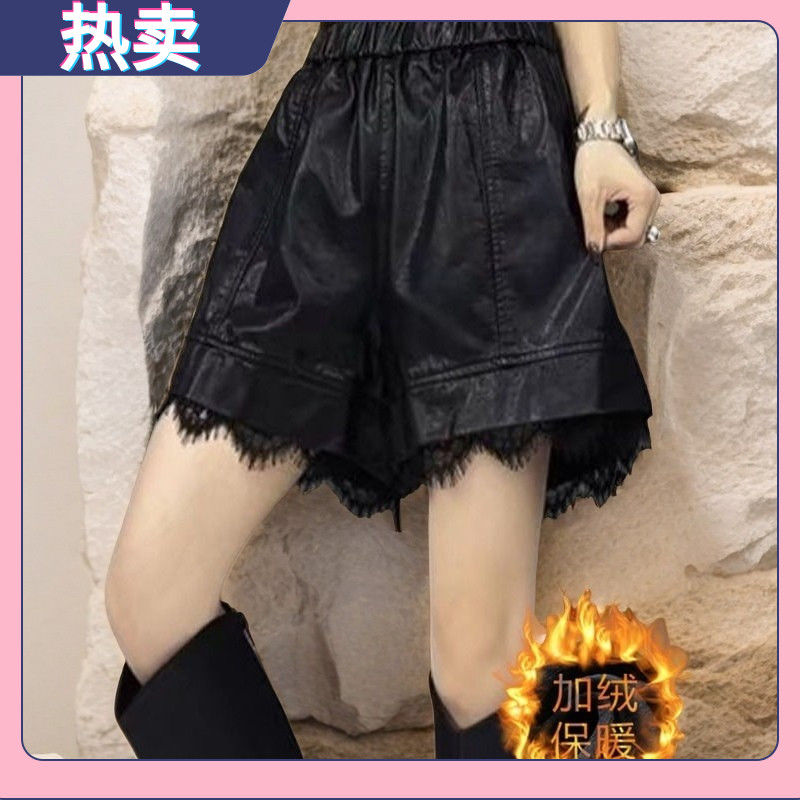小众简约小个子短裤女2025秋冬季新品时尚宽松显瘦蕾丝拼接PU皮裤