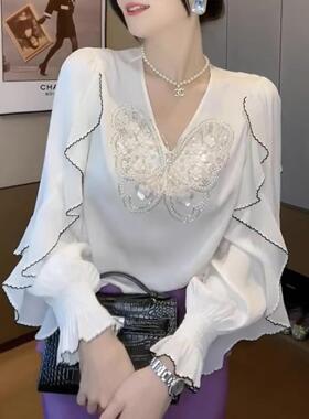 2025秋季新款气质减龄遮肉显瘦衬衣超仙轻奢名媛蝴蝶亮片衬衫女潮