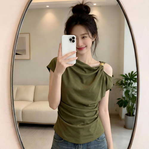 夏季收腰修身显瘦褶皱设计感上衣法式高级感绿色露肩短袖T恤女士