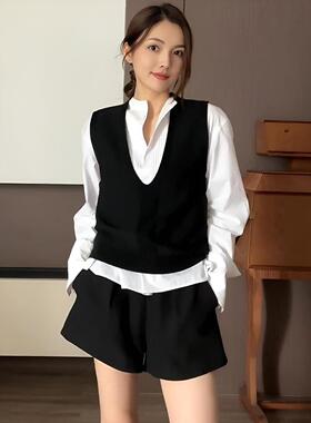 白色衬衫套装女针织马甲衬衣秋冬新款2025时尚独特设计减龄两件套