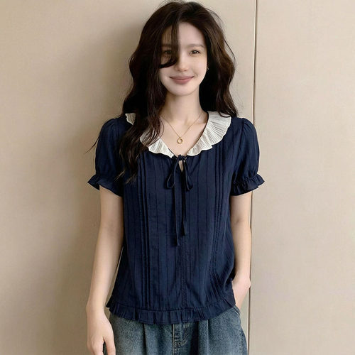 藏青色娃娃领短袖衬衫女夏季大码胖mm宽松遮肚法式独特超好看上衣