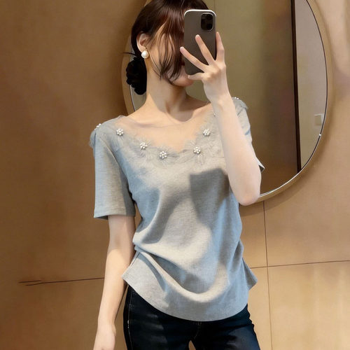法式高级网纱花朵短袖T恤女夏季大码胖妹妹显瘦绝美气质百搭上衣