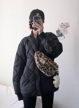 PP自制/ins爆款 秋冬豹纹羊羔毛毛绒胸包斜挎包 chic复古女包
