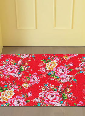 PVC丝圈地垫东北大花大红色家用垫入户门口玄关防滑耐磨耐脏脚垫