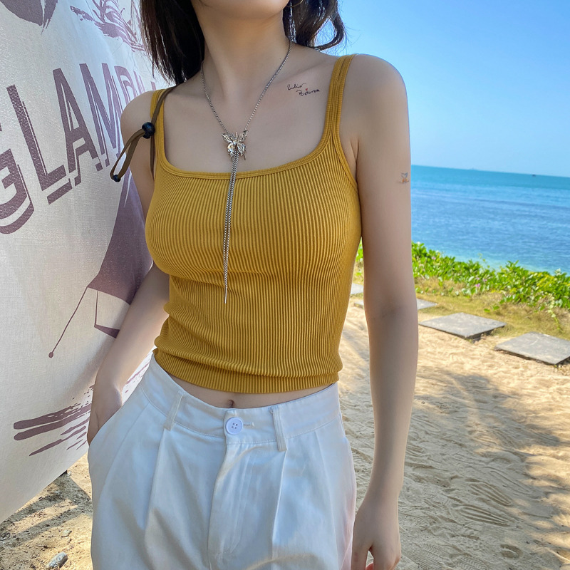 黄色针织吊带小背心女夏2025新款内搭带胸垫一体美背打底上衣外穿