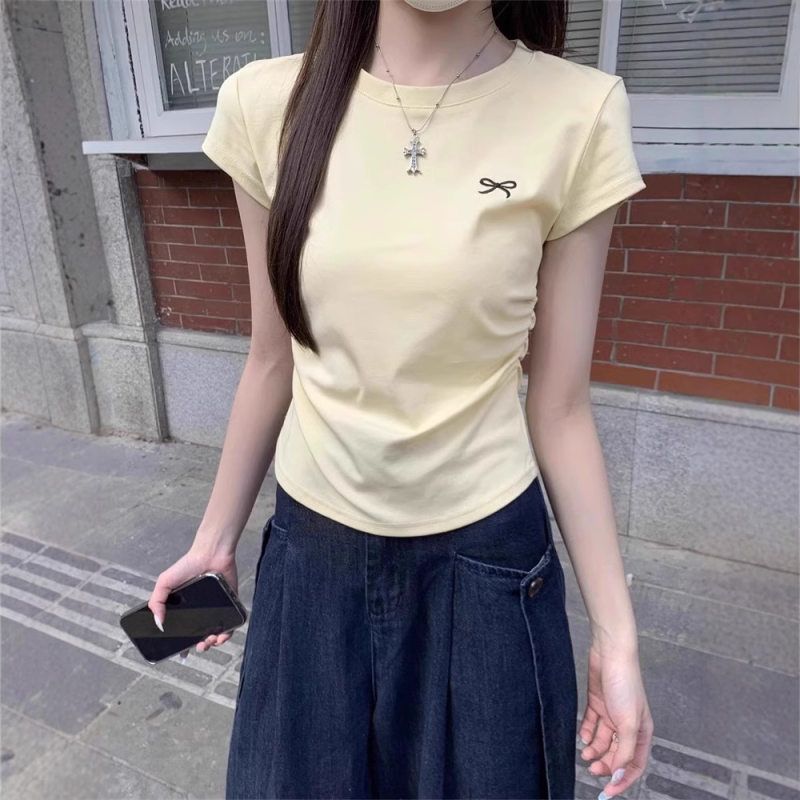 正肩大码纯棉短袖t恤女2025新款修身卡通减龄内搭甜辣不规则上衣